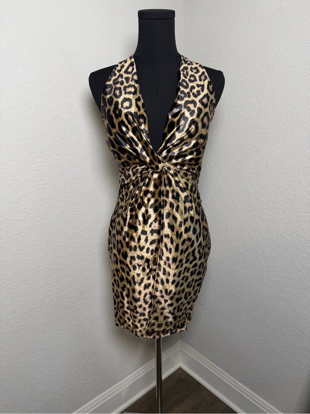 Entry Leopard-Print Twist Halter Mini Dress - Gold/Black